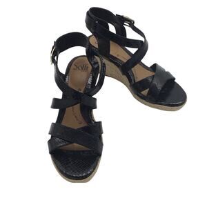 SOFFT Black Croc Embossed Faux Leather Espadrille Wedge Strappy Sandals